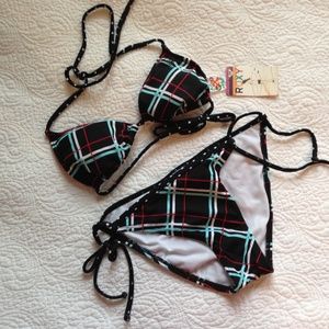 NWT Roxy Plaid & Polka Dot Bikini Set